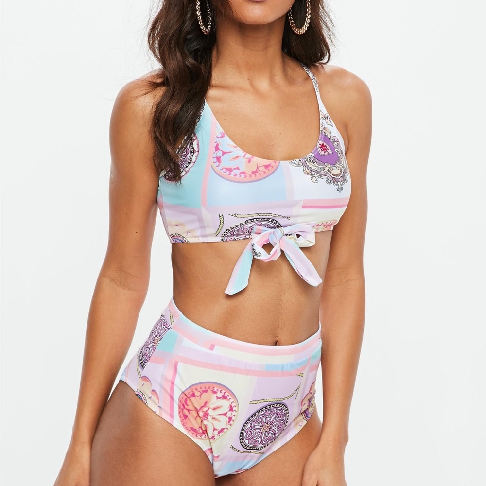 Pink coin print tie front bikini set